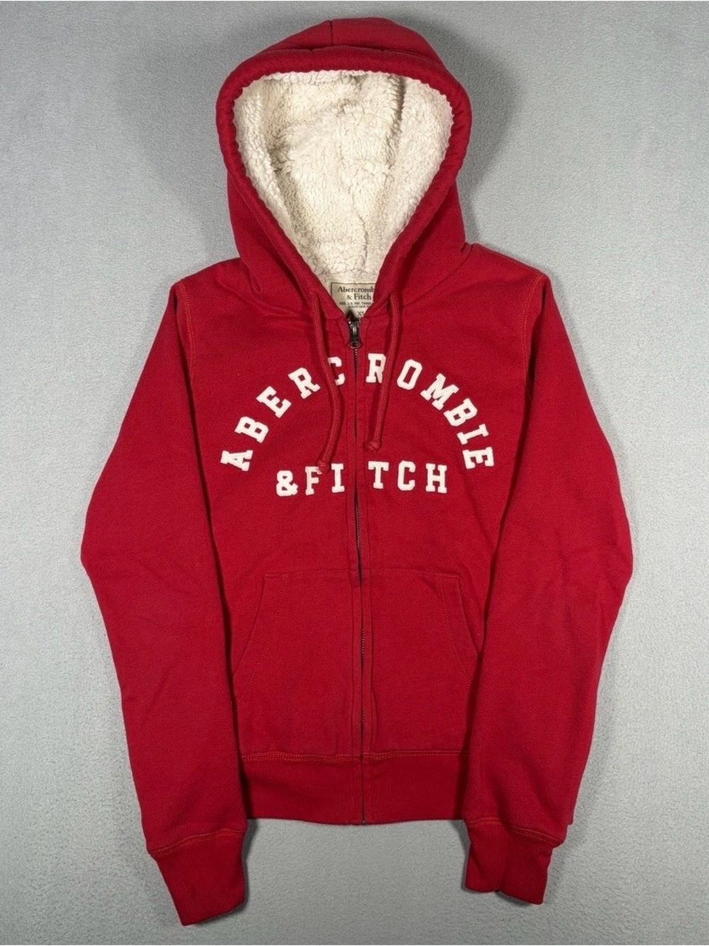 Vtg Abercrombie & Fitch Sherpa Hoodie Womens XS Red Stitched Long Sleeve Y2K